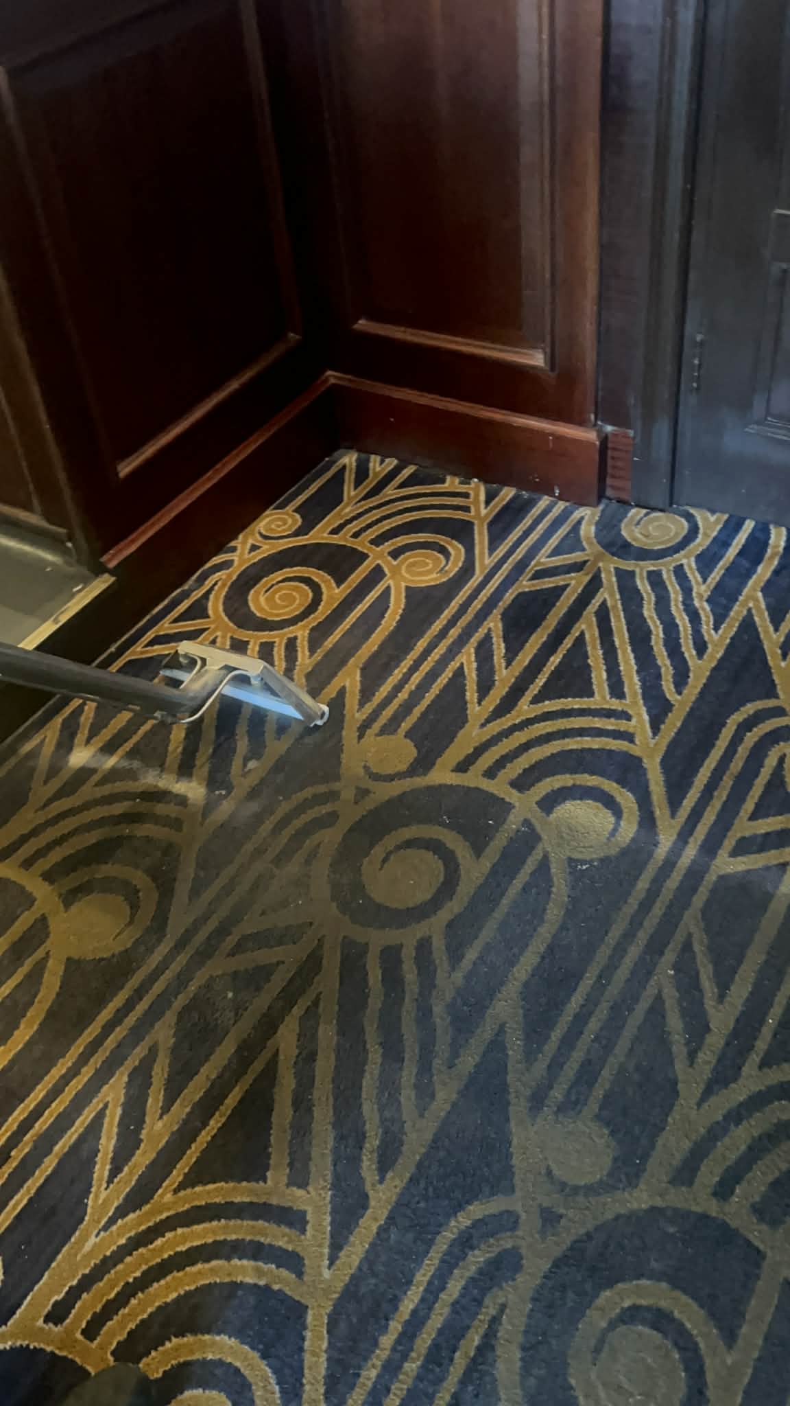 Professional carpet cleaning wand on ornate gold and navy hotel corridor carpet